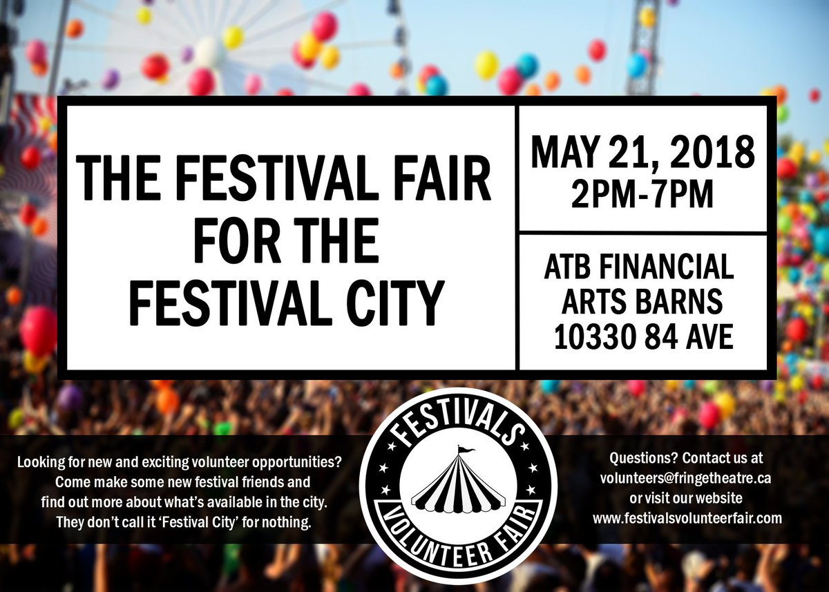 Join us at the Festival Volunteer Fair on May 21st from 2pm-7pm!!

Our current Festival lineup includes:
@YEGPride 
@FreewillPlayers
@heartcityfest
@EdmHeritageFest
@YegStreetFest
@edmontonfringe
@EdmontonJazz
@worldtriathlon  
@TasteOfEdm 
@artsontheave 
@TheWorksFest
