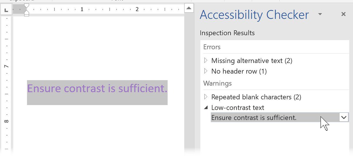 Jon Whiting (@jonwhiting) on Twitter photo Just noticed that the Microsoft Word Accessibility Checker now detects text with low contrast! I think this is Windows-only and requires an Office 365 subscription, but it's great to see that this is finally being added. <a href="/MSFTaccess/">Microsoft Access</a> has been busy lately. Just noticed that the Microsoft Word Accessibility Checker now detects text with low contrast! I think this is Windows-only and requires an Office 365 subscription, but it's great to see that this is finally being added. <a href="/MSFTaccess/">Microsoft Access</a> has been busy lately.
