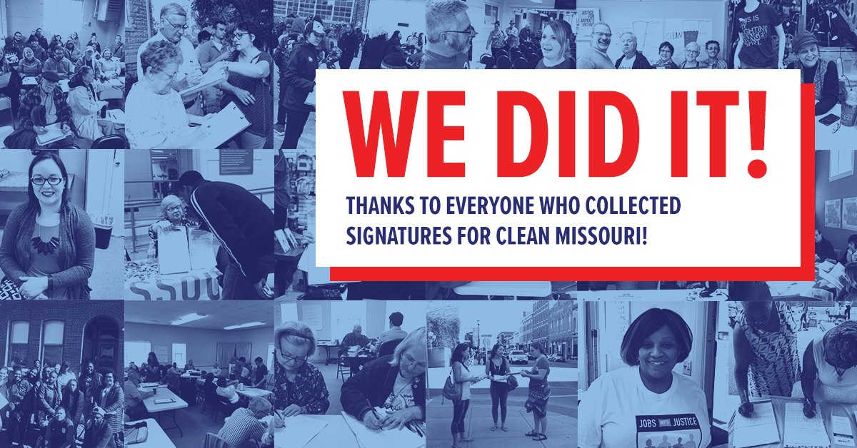 CleanMissouri's tweet photo. #ICYMI: We collected enough signatures to get on the ballot this fall. Now we need your help to win in November! #moleg #ShowMeIntegrity https://t.co/wJ0mMRlusO https://t.co/9x8cWlYbyO