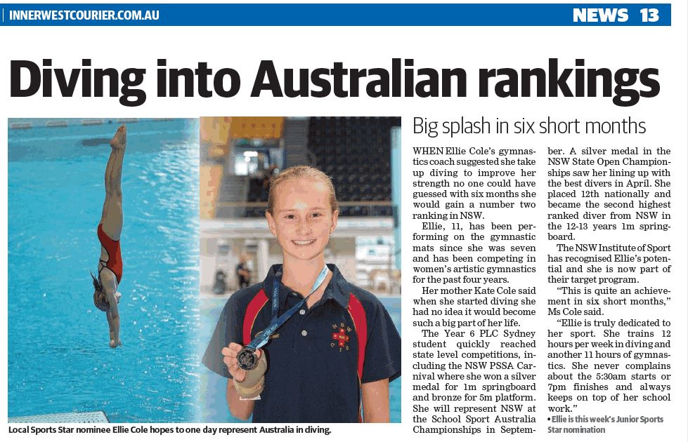 plcsydney's tweet photo. Ellie Cole || #plcsydney student, gymnast &amp; diving extraordinaire features in this week's @InnerWestNews. Ellie is ranked no. 2 in NSW for diving and is part of @theNSWIS target program | Read the story here | #plcsydneysport #localsportsstar https://t.co/ASMGTG27aY