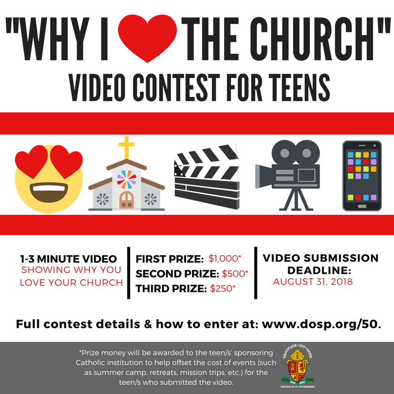 DioStPete's tweet photo. Calling all youth! We are holding a video contest in honor of our 50th Anniversary as a diocese! Find full contest details and how to enter at: https://t.co/sEyPLQkqrZ. #DOSPjoy #DOSPgratitude #DOSP50 https://t.co/u0JBxexnCT