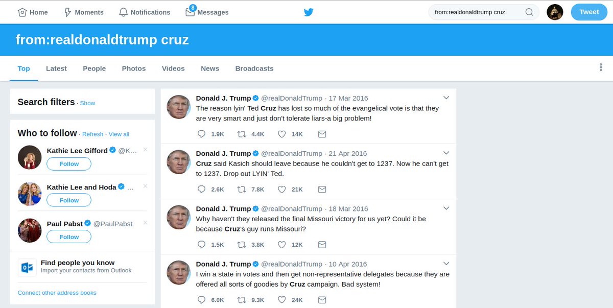 Just type it into a search box.Ever want to find a tweet from someone in particular? from:username --- for all tweets from that person. After the username you can enter search terms to get tweets from that person including those words. from:realdonaldtrump cruz