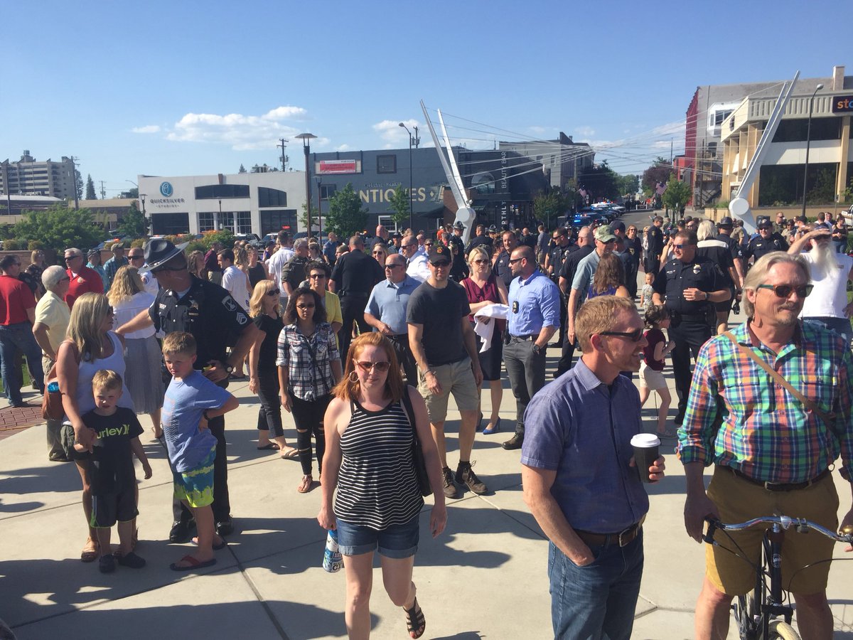 rwcollingwood's tweet photo. Hundreds are in downtown CdA for the #K27Forever Memorial Fountain presentation. Beautiful day. https://t.co/mIKrdeDeo1