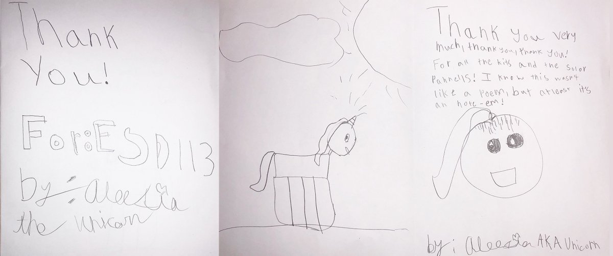 ESD113's tweet image. 4th grader &quot;Aleesia the Unicorn&quot; wrote to @ESD113 to say, &quot;Thank you very much, thank you, thank you!&quot; for her class&apos;s #EnergyWorks #ScienceKit from our #STEMNetwork! You&apos;re welcome, Aleesia! 🦄 💡 #WAScience4All #ScienceRules #NGSS #WAedu