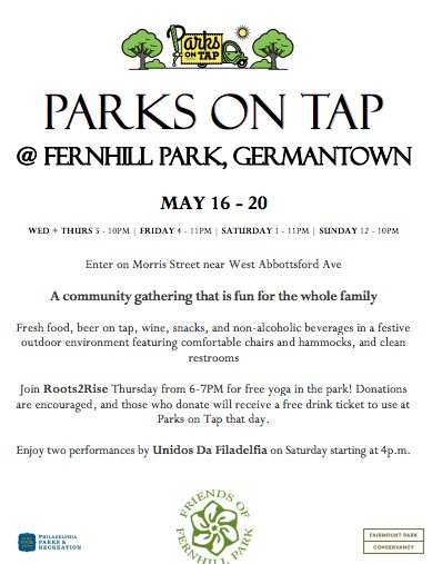 FriendsFernhill's tweet photo. @FriendsFernhill Parks on Tap  @CityFitGirls Yoga on Thursday @LISC_Philly Food, Beer, Wine @PhillyRun Live Performances on Saturday @cindybassphilly May 16th - 20th @GCC_1854 Come hang out with the family. https://t.co/RVI22fmxep