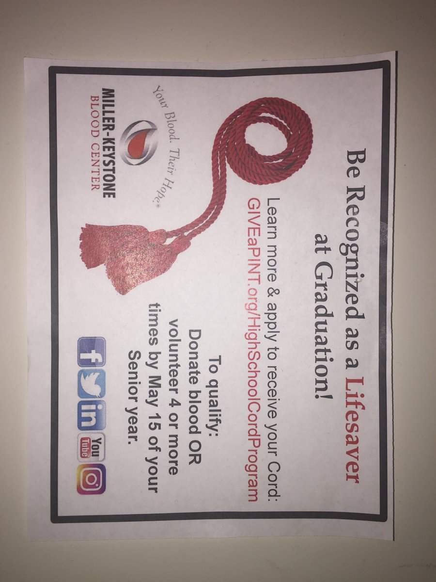 TV_classof2018's tweet photo. TODAY IS THE LAST DAY TO APPLY TO GET A RED CORD FOR GRADUATION!!!!!!!! Make sure if you’re a senior who donated 4+ times you register!! https://t.co/L8niswtz0L