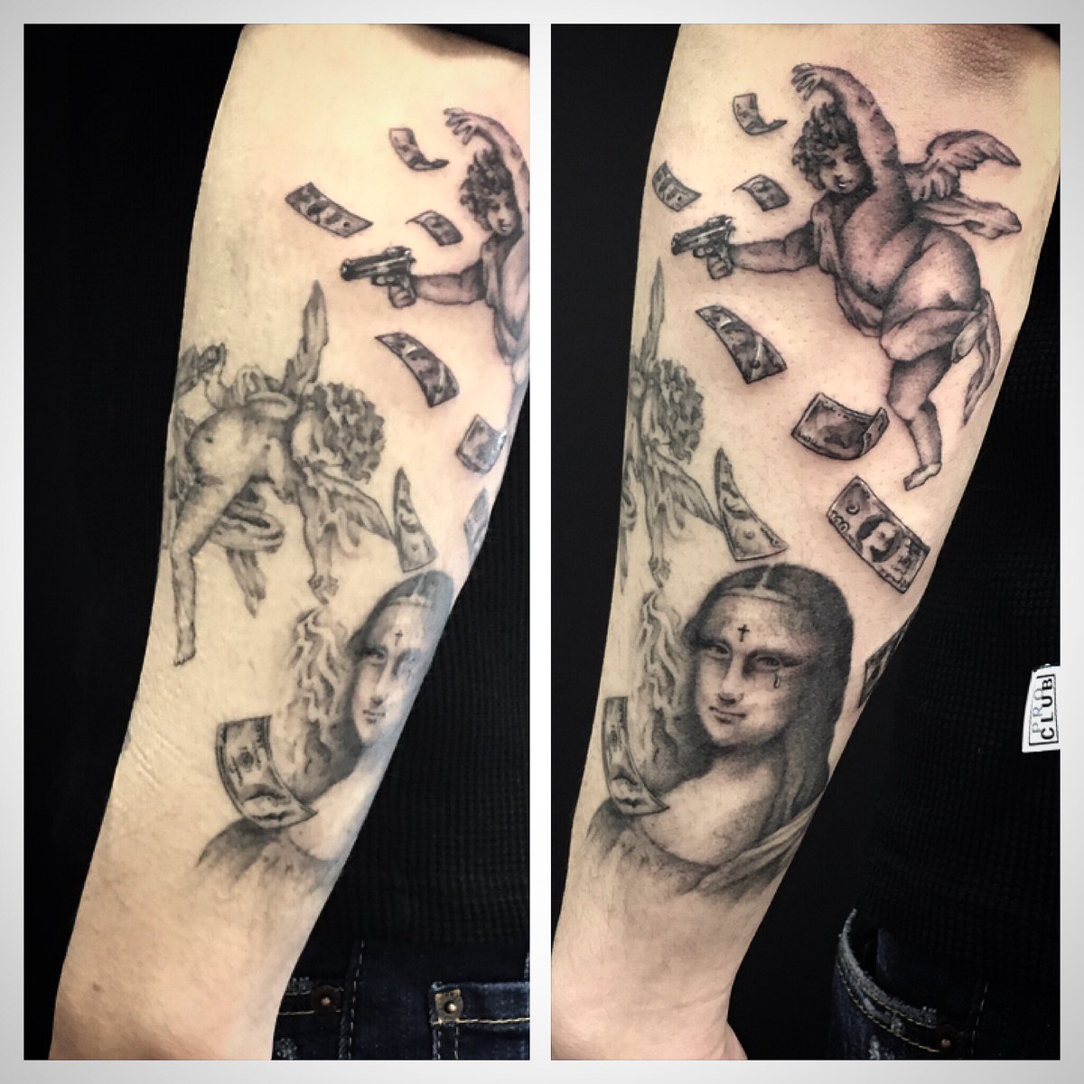 新宿タトゥー Fox Gate Tattoo Pe Twitter 腕に天使とモナリザ ドル札のタトゥー 5月16日 本日も営業中 和彫りからワンポイント トライバル B Gまでオールジャンル対応のタトゥースタジオ 東京新宿fox Gate Tattoo 新宿駅徒歩7分 個室ブース完備