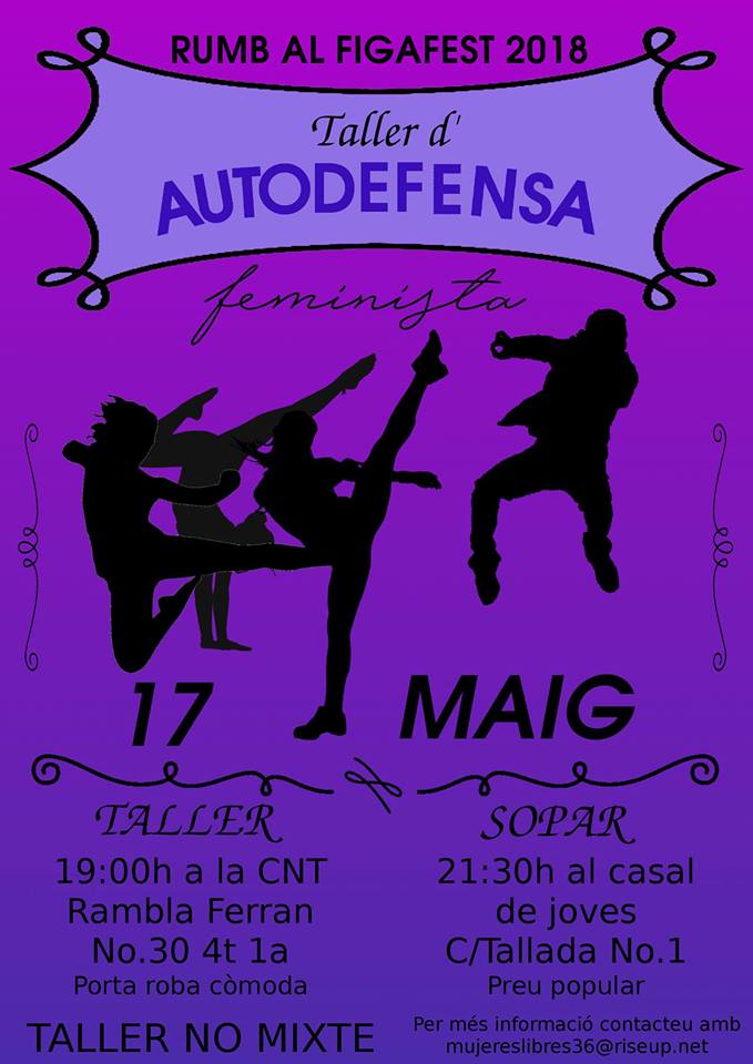 RUMB AL FIGAFEST 2018!
Per tal d'anar escalfant motors de cara al FigaFest, us invitem el  proper dijous 17 de MAIG a participar al taller d'autodefensa feminista (no-mixt). En acabar anirem cap al <a href="/CasalJoveLleida/">Casal de Joves Maria-Mercè Marçal</a> per omplir-nos les panxes a preus populars (mixt).