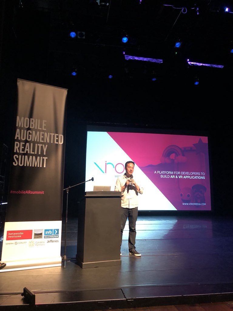 Jacob's tweet photo. The easy button for non-game mobile #AR / #VR application developers @virohq !! #mobileARsummit https://t.co/jCMhxy7Afn