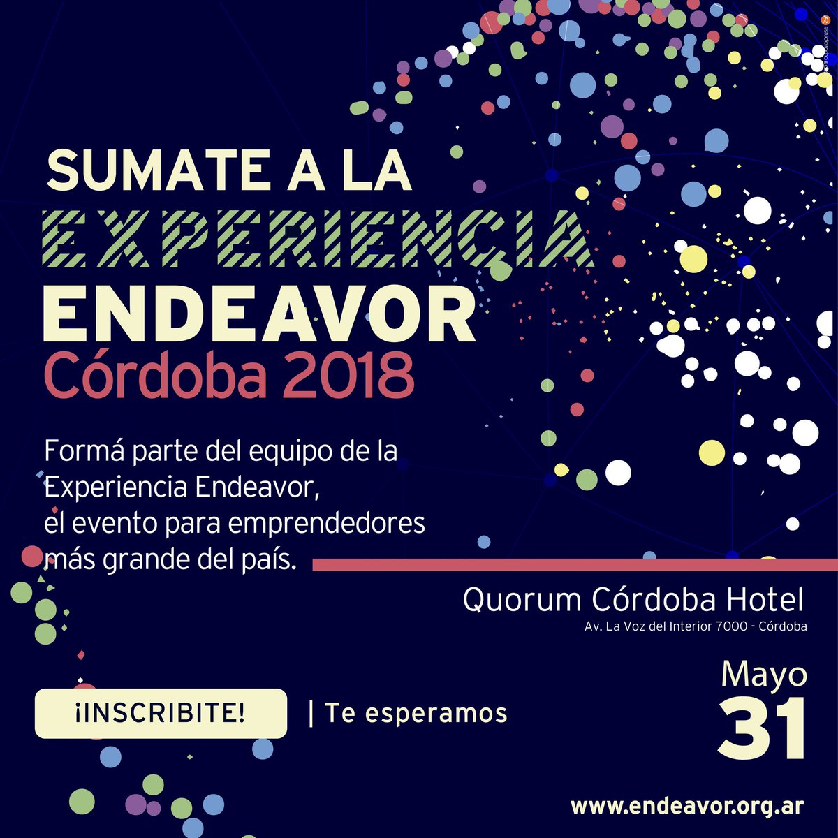¿Querés ser parte de Experencia @EndeavorCordoba 2018? Déjanos tus datos (Nombre 3 ultimas del DNI) con el hashtag #5Noches 
Cc <a href="/CotyOrlando/">Coty Orlando 💚</a> RT