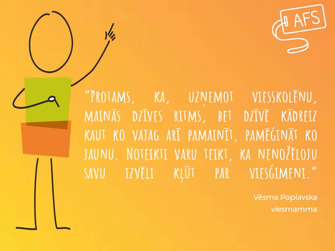 Piedzīvo savu stāstu, atverot pasauli jaunai kultūrai! 🗺️

Uzzini vairāk par iespēju kļūt par viesģimeni: afs.lv/host-an-afser/.