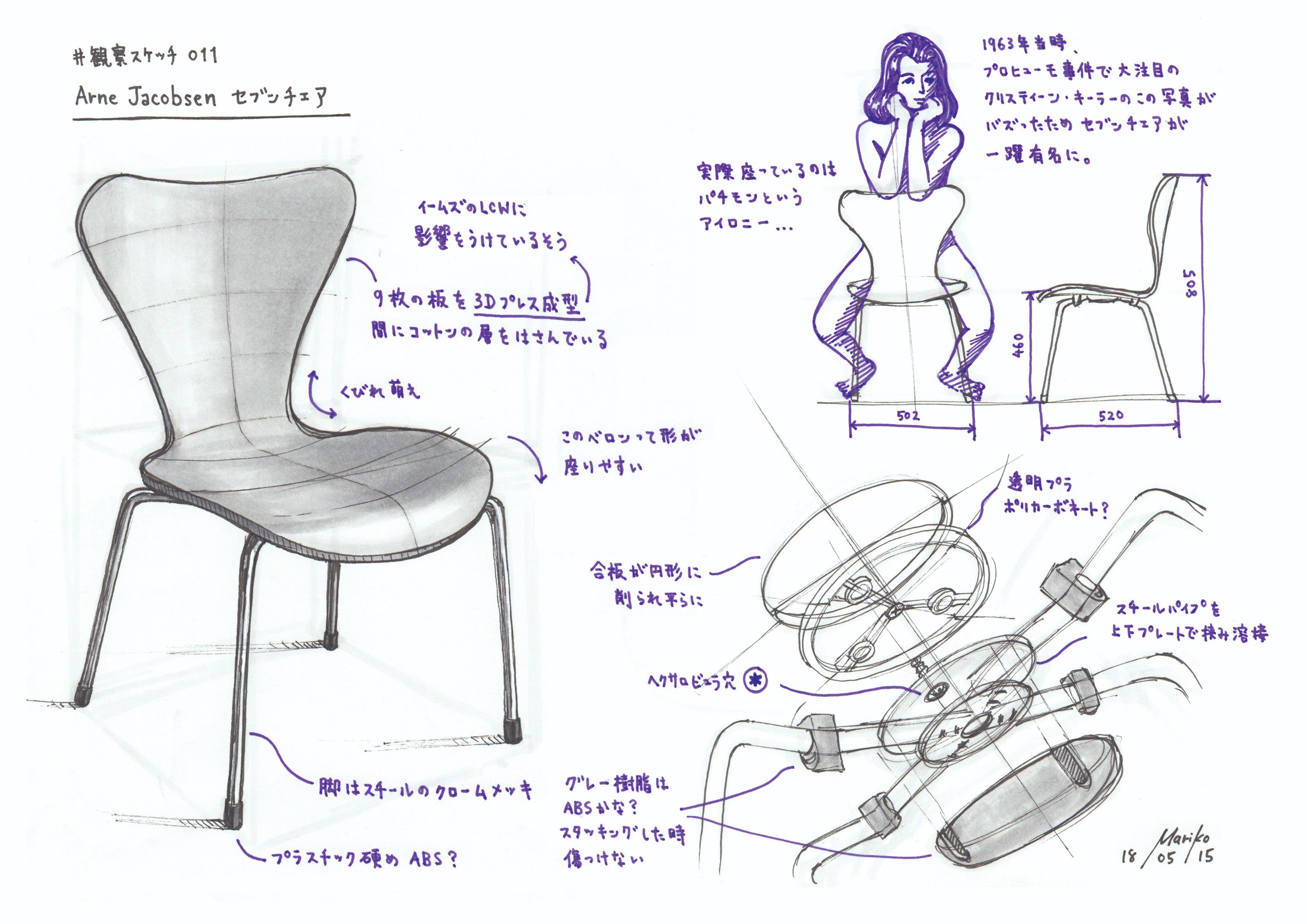 檜垣 万里子 食卓で使っているセブンチェアを 観察スケッチ うちにヘクサロビュラのネジまわしあったっけなーと探しかけましたが 元に戻せなかったら明日から立って食事をとることになるのでぐっと堪えました