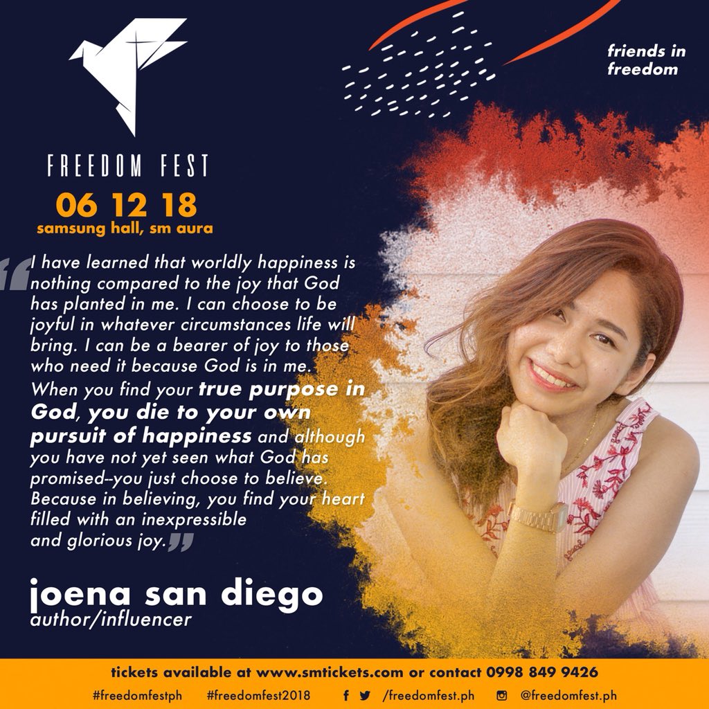 joenasandiego's tweet photo. Join us as we celebrate #Freedom on June 12, 2018, at the Samsung Hall, SM Aura!
Don’t miss this outrageous worship! Get your tickets now at https://t.co/HefWkqRrDK or contact +63 2 808 8295 or +63 998 849 9426 for ticket details!
#FreedomFestPH #FreedomFest2018 https://t.co/pInhrj87OG