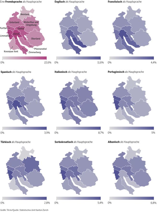 yannickw3's tweet image. In einer Grafik: Die regionale Verteilung verschiedener Fremdsprachen im Kanton Zürich #smallmultiples &amp;gt;&amp;gt; tagesanzeiger.ch/11346609 via @tagesanzeiger @mathiaslutz @TA_Interaktiv @statistik_zh @mmznr