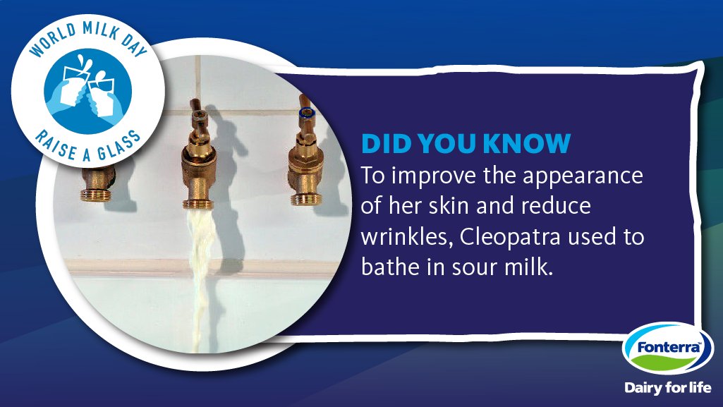 Fonterra's tweet photo. Countdown to World Milk Day: lesser-known dairy fact number sixteen. Dairy's health benefits are well known, but did you know there are also beauty benefits? #dontknockittillyoutryit #worldmilkday  #June1st  #raiseaglass https://t.co/3lE3Swc82k
