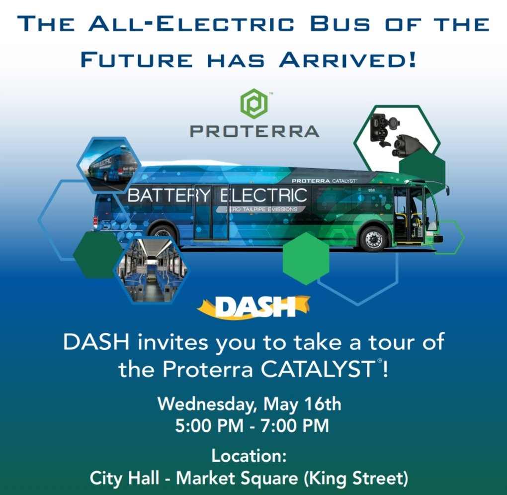 Looking forward to the event tomorrow with @DASHBus at City Hall in beautiful, historic @AlexandriaVA. It's been a great week showing off the quiet, zero-emission @Proterra_Inc Catalyst bus! #extraordinaryALX #Proterra_Inc