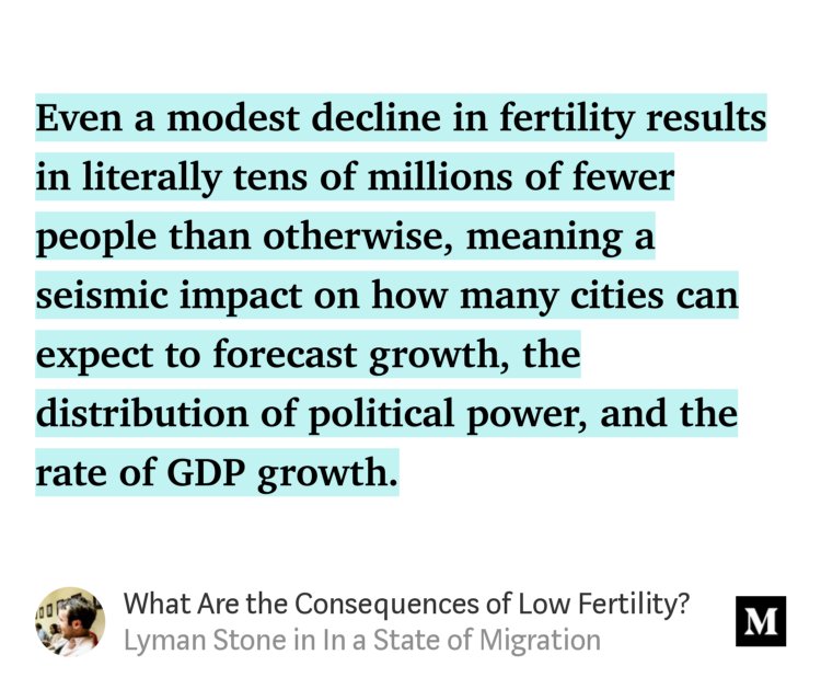 “Even a modest decline in fertility results in literally tens of millions of fewer people than otherwise, meaning a seismic impact on how many cities can expect to forecast growth, the distribution of political power, and the rate of GDP growth.…” from “What Are the Consequences of Low Fertility?” by Lyman Stone.