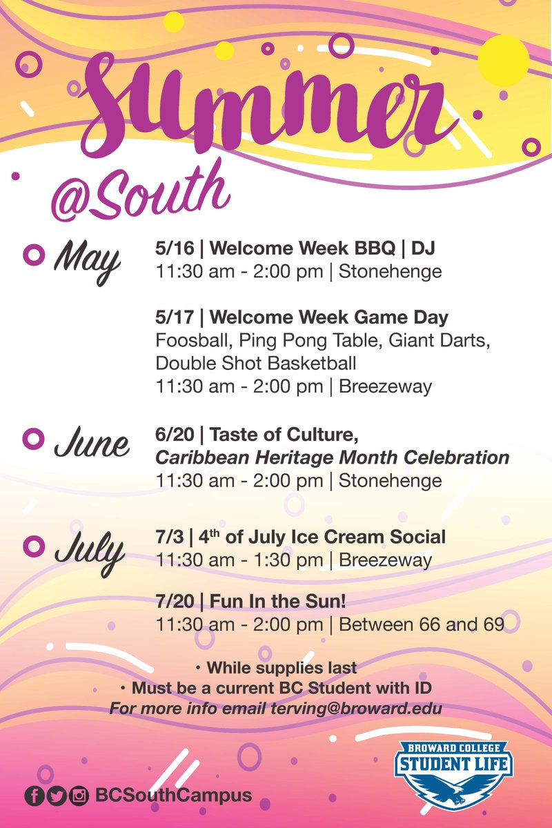 thebcobserver's tweet photo. π£π£π£Join us for Welcome week tomorrow and Thursday πππ. Please see flyer for more info about the location and time. #welcomeback #bcsouth #bcsouthcampus #bcstudentlife #studentlife #summer2k18 #summersemester #browardcollege #thebcobserver https://t.co/Rc2r0A14Lr