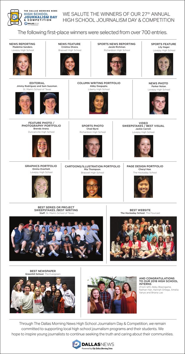 FourcastNews's tweet photo. Congratulations to The Fourcast for winning Best Website and Web Editor Senior Cheryl Hao for winning First Place for Page Design Portfolio at the Dallas Morning News High School Journalism Day &amp; Competition!!! https://t.co/c1EGpPpcdo