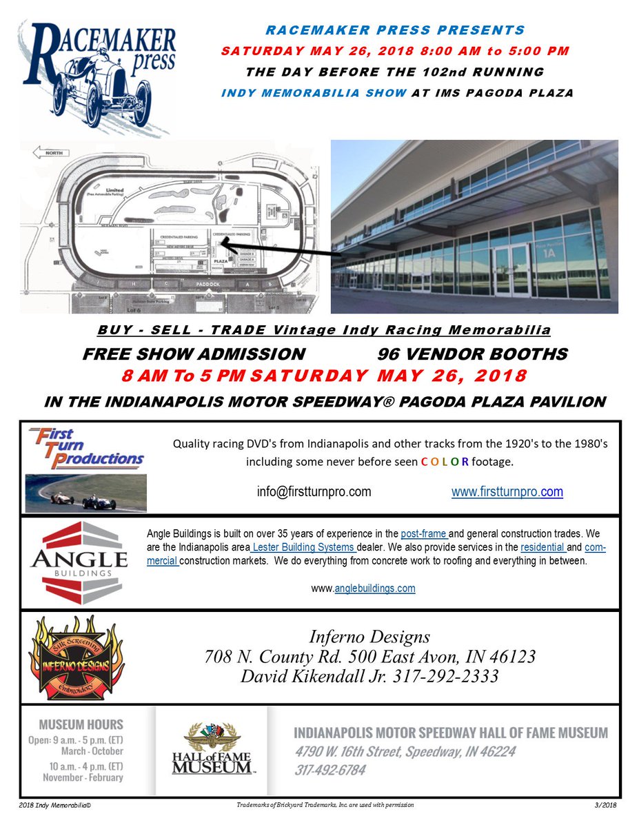 IndyMemorabilia's tweet image. 2018 INDY MEMORABILIA SHOW 
SATURDAY MAY 26, 2018
THE DAY BEFORE THE 102nd RUNNING
AT IMS PAGODA PLAZA