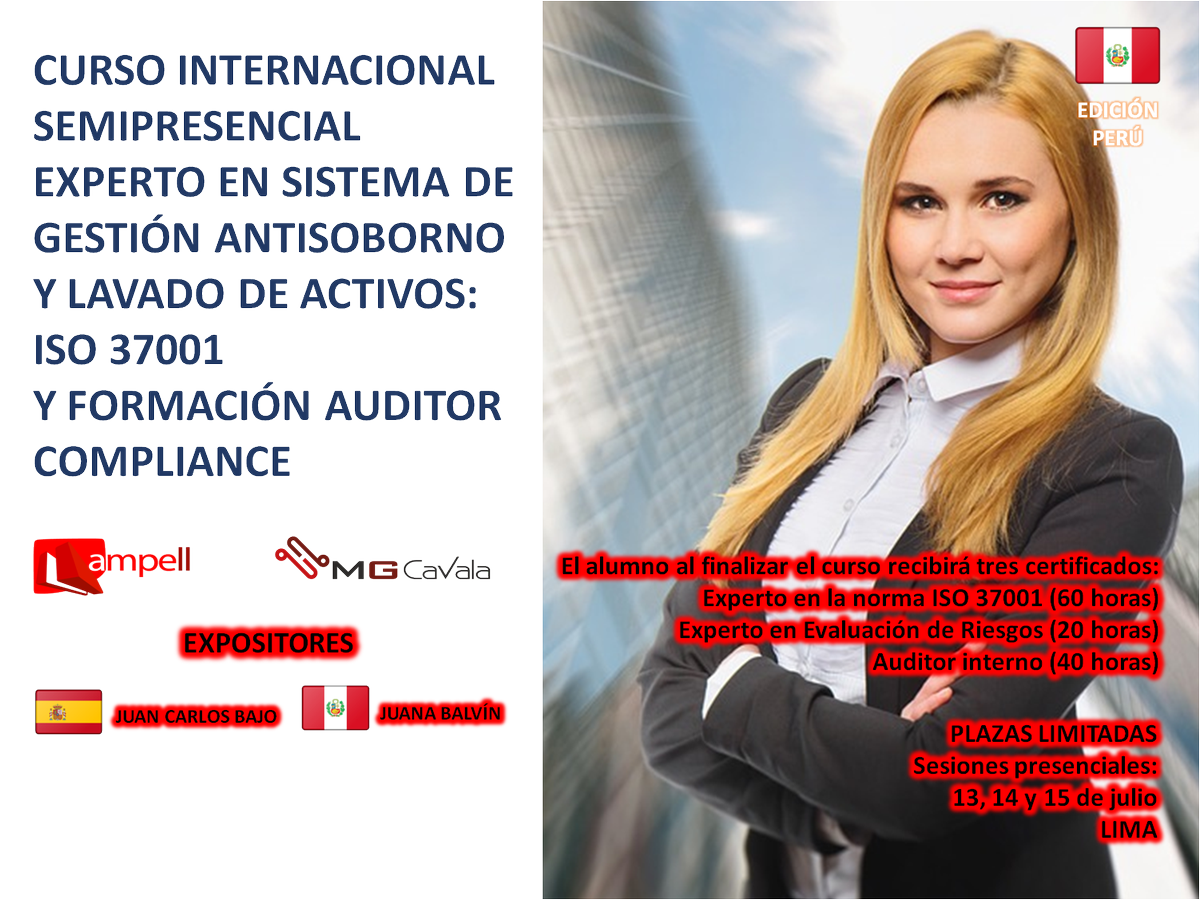 NewsCompliance's tweet photo. CURSO INTERNACIONAL EN LIMA SEMIPRESENCIAL. EXPERTO EN SISTEMA DE GESTIÓN ANTISOBORNO Y LAVADO DE ACTIVOS: ISO 37001 
Y FORMACIÓN AUDITOR COMPLIANCE.
#ISO37001 https://t.co/KcAqAG0YmV