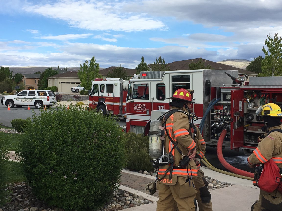 TMFPD's tweet image. Structure fire in the garage quickly suppressed by Sparks Engine 51 and TM  Engine 17 at 9465 Cordoba in Spanish Springs. No injuries to people or pets. Fire confined to the garage and is under investigation. #automaticaid #cityofsparks