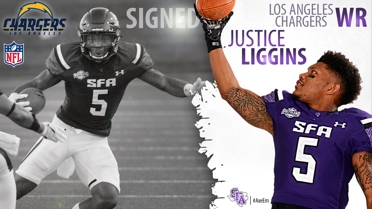 Former WR Justice Liggins becomes second former Lumberjack to sign with <a href="/NFL/">NFL</a> team this week following an impressive rookie minicamp performance with @Chargers over weekend 🏈

Full story 👉 bit.ly/2wPpnOW

#AxeEm