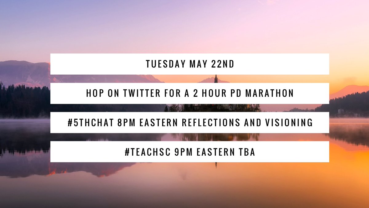 JuliePJones's tweet photo. Join us for a Twitter PD marathon next Tuesday!
I’m hosting #5thchat 8pm Eastern
@mrdearybury is hosting #teachSC pm Eastern
Better than unlimited popcorn and Netflix! https://t.co/bS4mJ4Kzu0