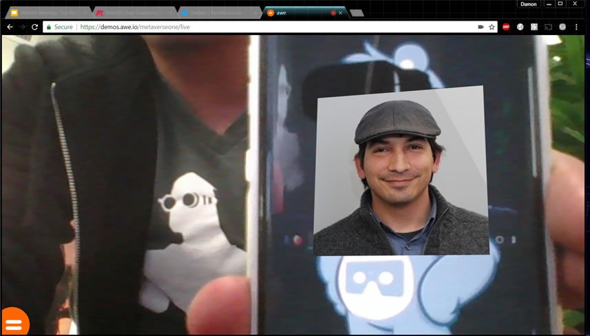 MetaverseOne's tweet photo. That cool moment when hosting a #WebXR meetup on #WebAR &amp; you get a message that someone, thanks @awe_media, makes your avatar an image marker to show augmented content (a profile pic). #allinthebrowser https://t.co/LUnBaV6Jc6 https://t.co/LZnGM9dog3