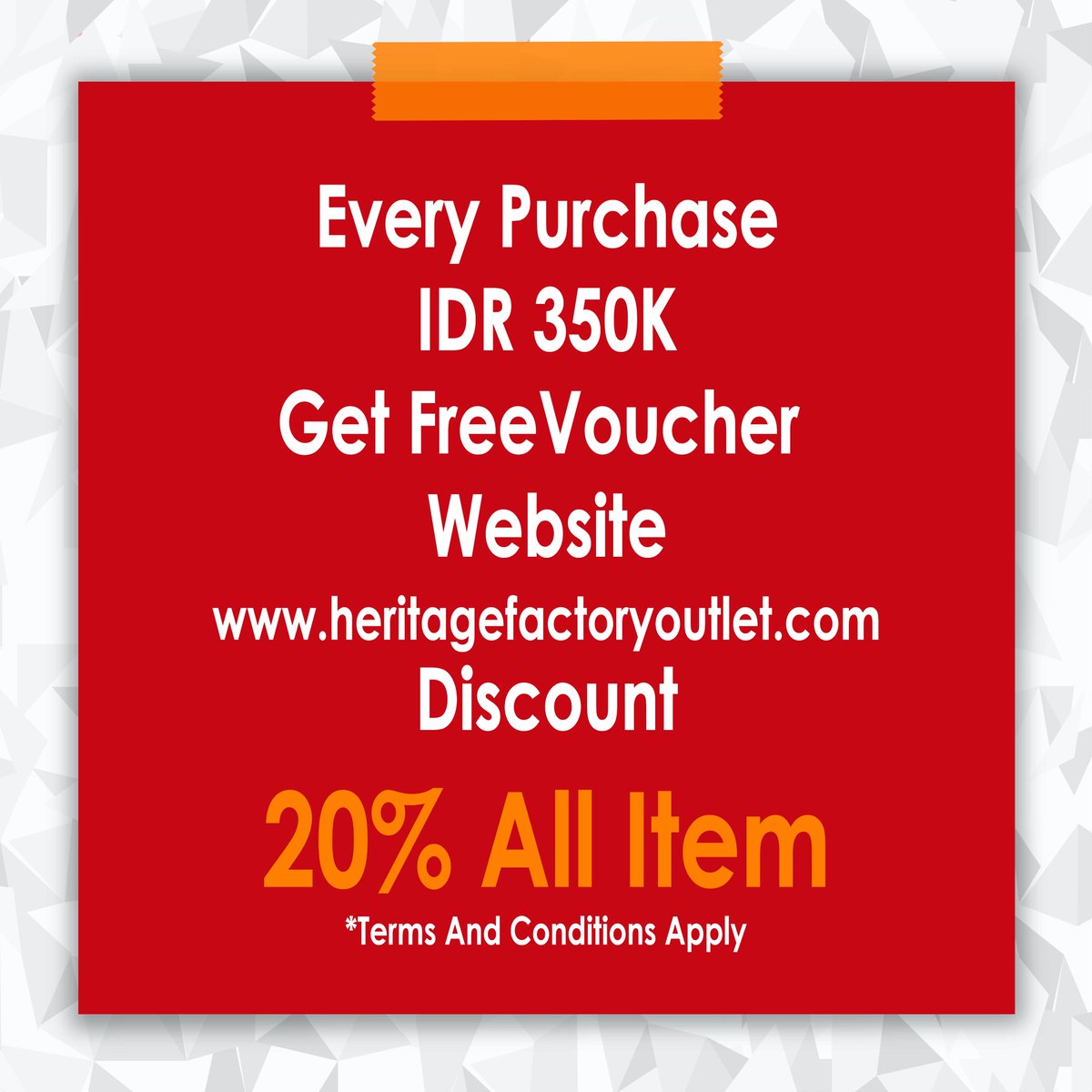 Dapatkan disc 20% all item untuk pembelanjaan di Website heritagefactoryoutlet.com..
Caranya  gampang, tinggal belanja min 350K diseluruh outlet Heritage anda akan  mendapatkan 1 voucher disc belanja di website  heritagefactoryoutlet.com..
*Syarat dan ketentuan berlaku yaa 😘