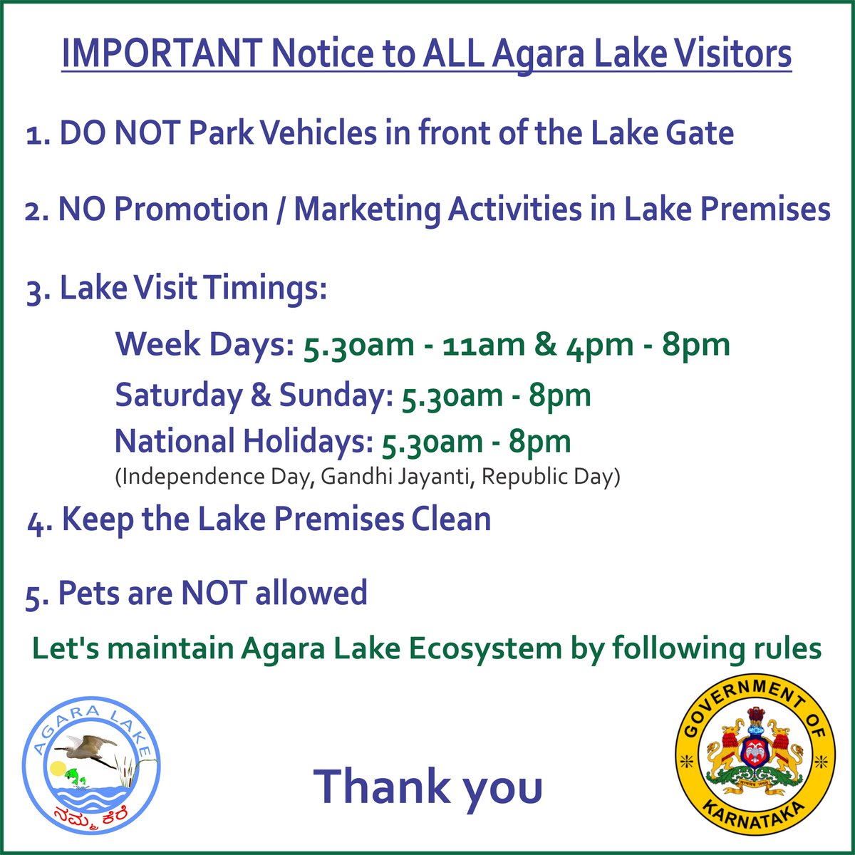 AgaraLake's tweet photo. Some basic rules all have to follow to ensure Agara Lake remains Best maintained Lake with a Great Ecosystem!
#OurAgaraLake #KeepLakeClean https://t.co/TilfqQsXhT
