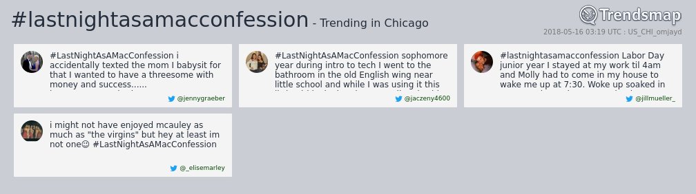 TrendsChicago's tweet photo. #lastnightasamacconfession is now trending in #Chicago

https://t.co/gpFUcT2UaI https://t.co/9LvIor1Kcw
