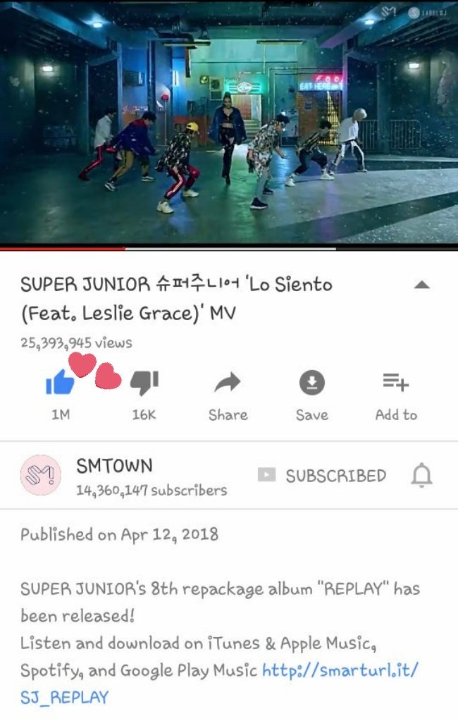 walkinwithsj's tweet photo. 1 Millón de likes en Youtube. Felicidades @SJofficial, @lesliegrace &amp; @playnskillz 🎉⬆️👏

We love this song so much! #1MillionLikes #LoSiento #latinpop #kpop #bestfusionever

SUPER JUNIOR 슈퍼주니어 'Lo Siento (Feat. Leslie Grace)' MV https://t.co/pme0CfgPt0 vía @YouTube https://t.co/p6pfU3Rv3h