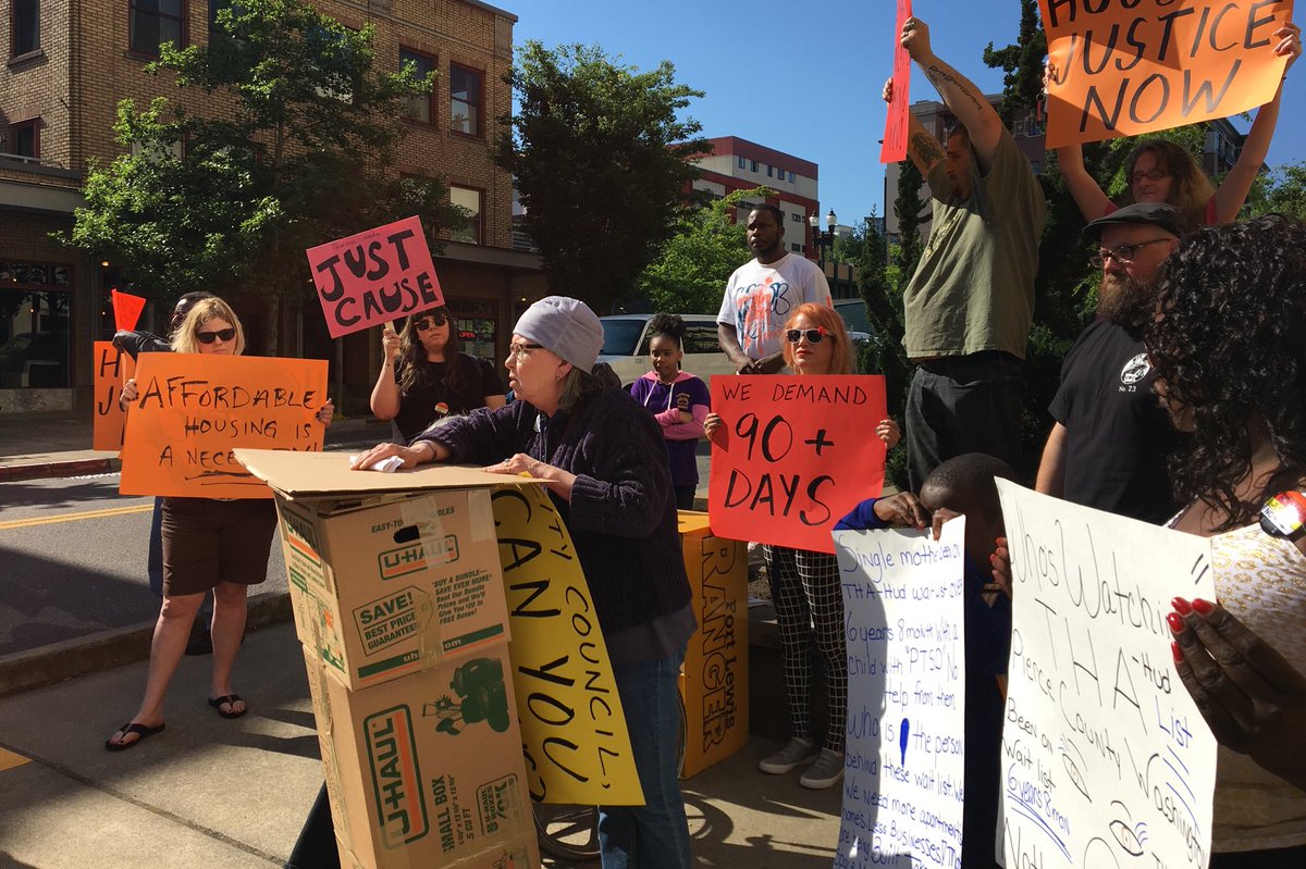 TacomaTenants's tweet photo. Tiki Tenants Organizing Committee press conference outside City Council today. We’re making gains but we ain’t done. “We won’t stop until we’ve won!” #tikipower #tikitenants #tikiapartments https://t.co/c71z2ZvU1F