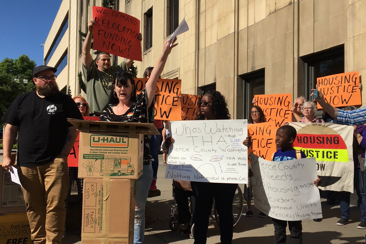 TacomaTenants's tweet photo. Tiki Tenants Organizing Committee press conference outside City Council today. We’re making gains but we ain’t done. “We won’t stop until we’ve won!” #tikipower #tikitenants #tikiapartments https://t.co/c71z2ZvU1F
