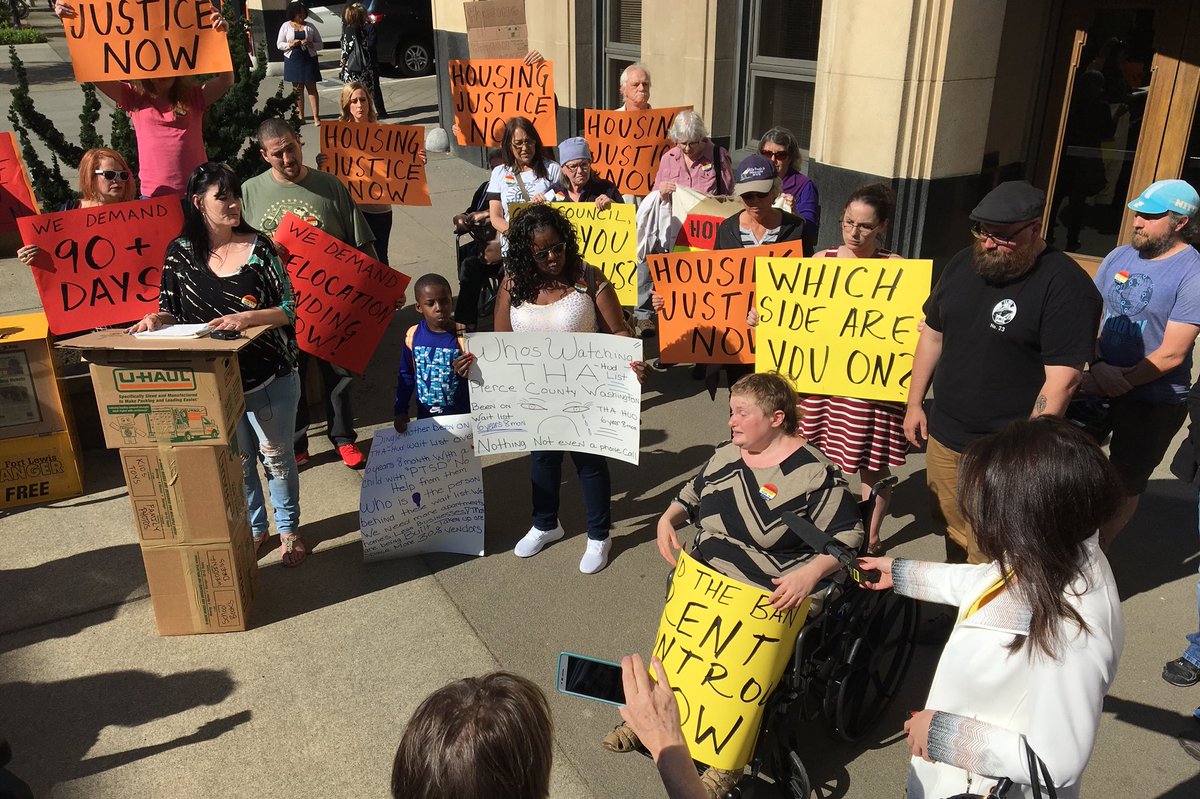 TacomaTenants's tweet photo. Tiki Tenants Organizing Committee press conference outside City Council today. We’re making gains but we ain’t done. “We won’t stop until we’ve won!” #tikipower #tikitenants #tikiapartments https://t.co/c71z2ZvU1F
