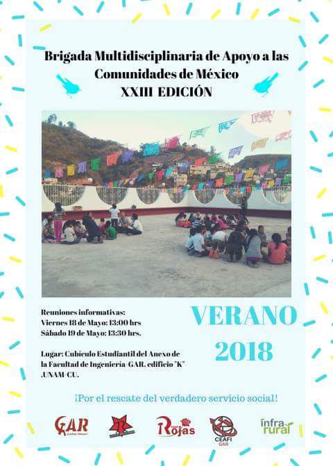 bmacmgar's tweet photo. Asiste a una de las reuniones informativas: 

Viernes 18 de Mayo 13:00 hrs
Sábado 19 de Mayo 13:30 hrs
Lugar: Cubículo Estudiantil del Anexo de la Facultad de Ingeniería-GAR en el edificio "K" ,UNAM-CU.

#MontañaAltaDeGuerrero 
#Verano2018
#LaBrigadaVa https://t.co/SNXF7CXl0r