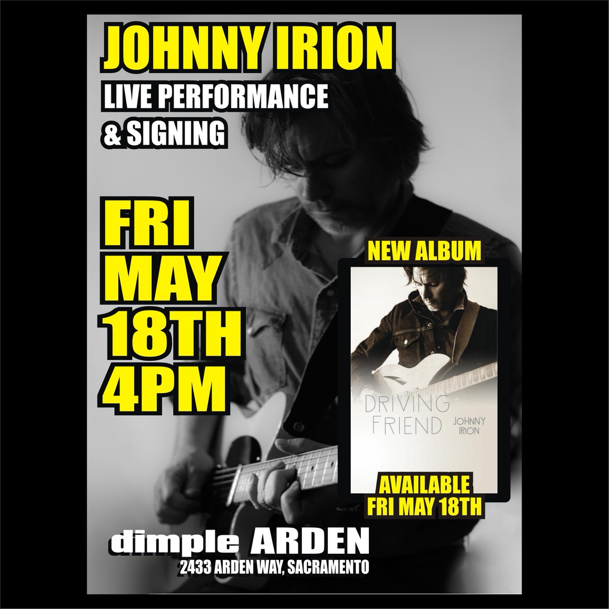 dimpledilly's tweet photo. Johnny Irion has this new CD out "Driving Friend" and he is going to be at our Dimple Records on Arden this Friday 4pm for a Live Performance and Signing of the new CD!
#JohnnyIrion #LivePerformance https://t.co/TuH20F6BDI