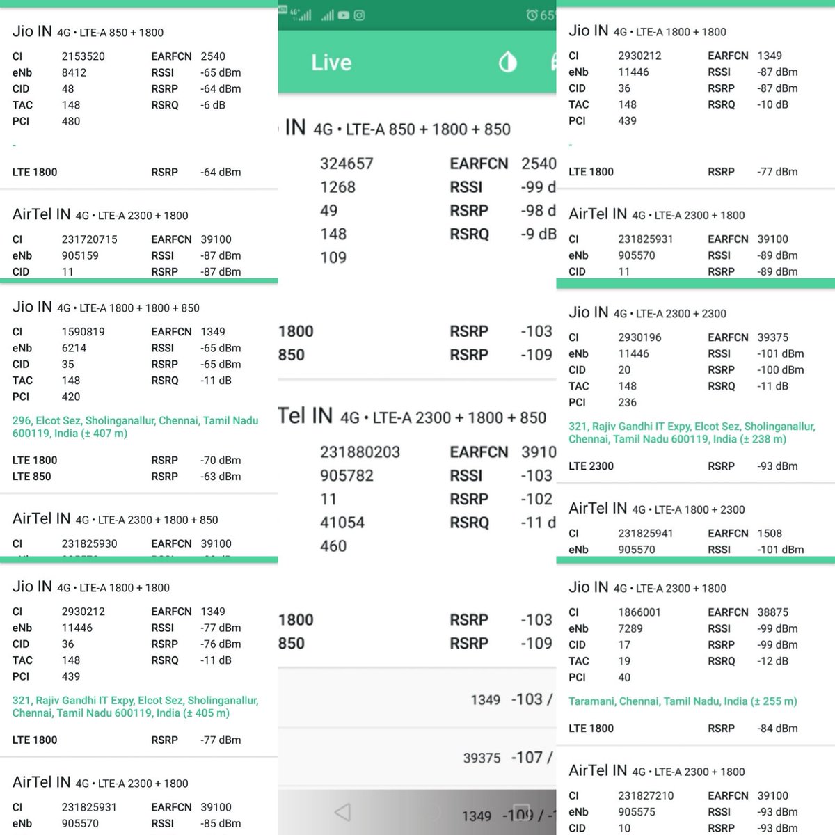 alfiabraham's tweet photo. variations in Carrier Aggregation implementation @reliancejio #Jio4G and @airtelindia #Airtel4G seen on a @HuaweiIndia #HuaweiP20Pro #DualVoLTE device. https://t.co/tu9ecQBb7D