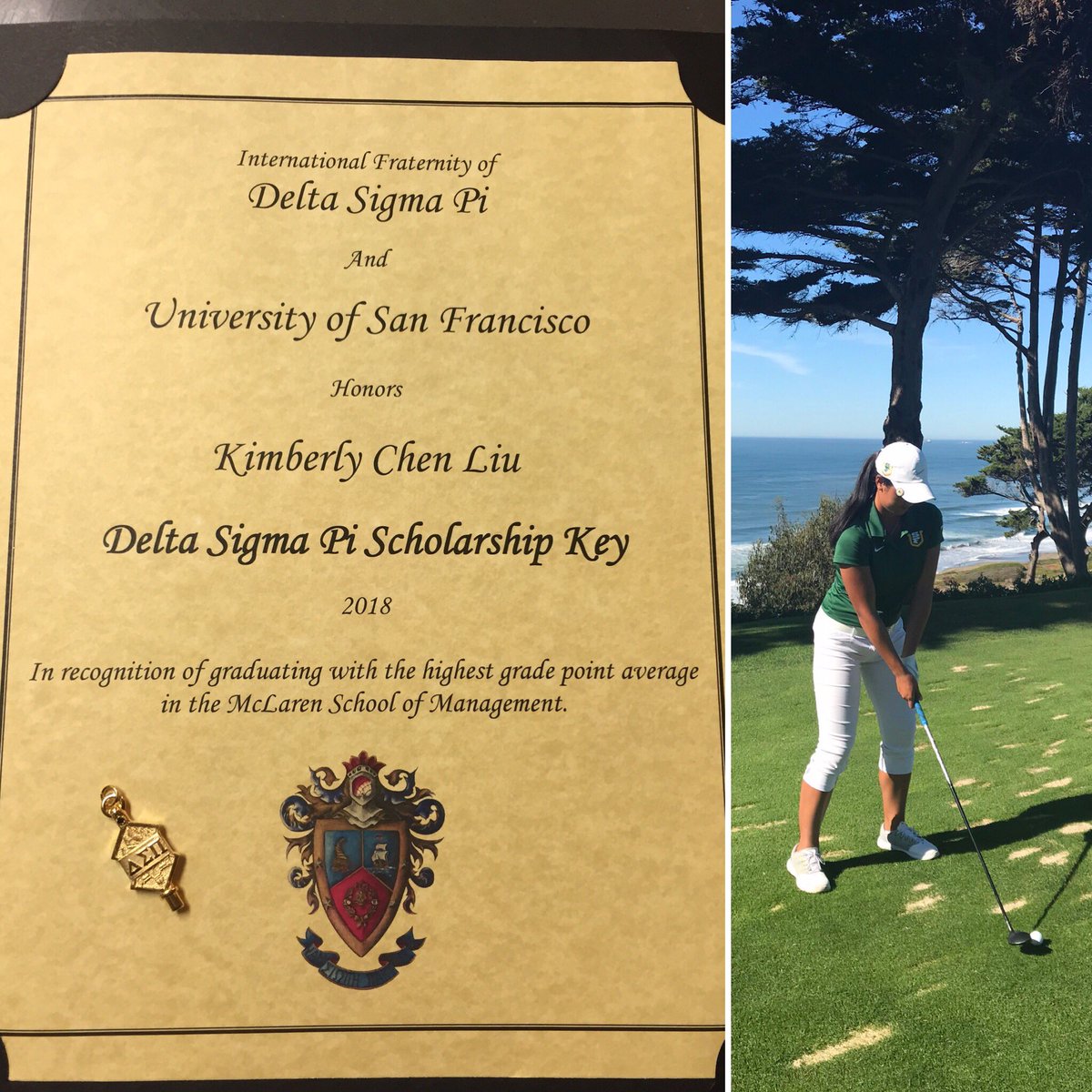 USFDonsWGOLF's tweet photo. Congratulations to @SkiptomyLiu14 for earning the A.A Berti Award and scholarship key for having the highest GPA in the School of Management! What an extraordinary accomplishment! #firstpillar #alsofourthpillar https://t.co/T3cdbbQZjM