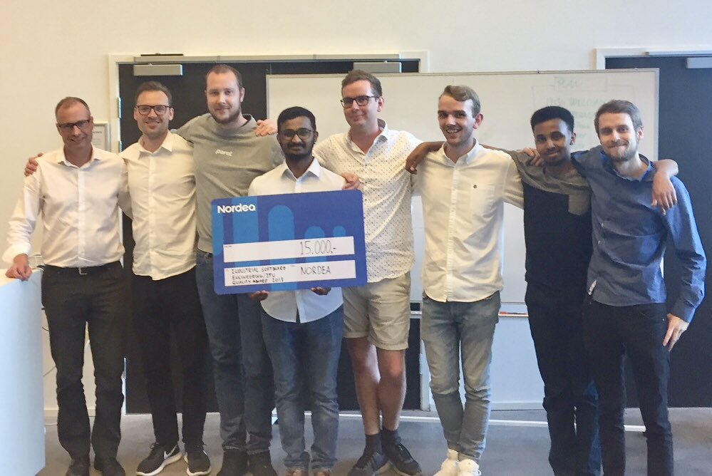 mortenelvang's tweet photo. The happy winners from yesterday’s ISE Quality Award @ITUkbh @Nordea #AgilityLab https://t.co/Gz8wWZCfkq