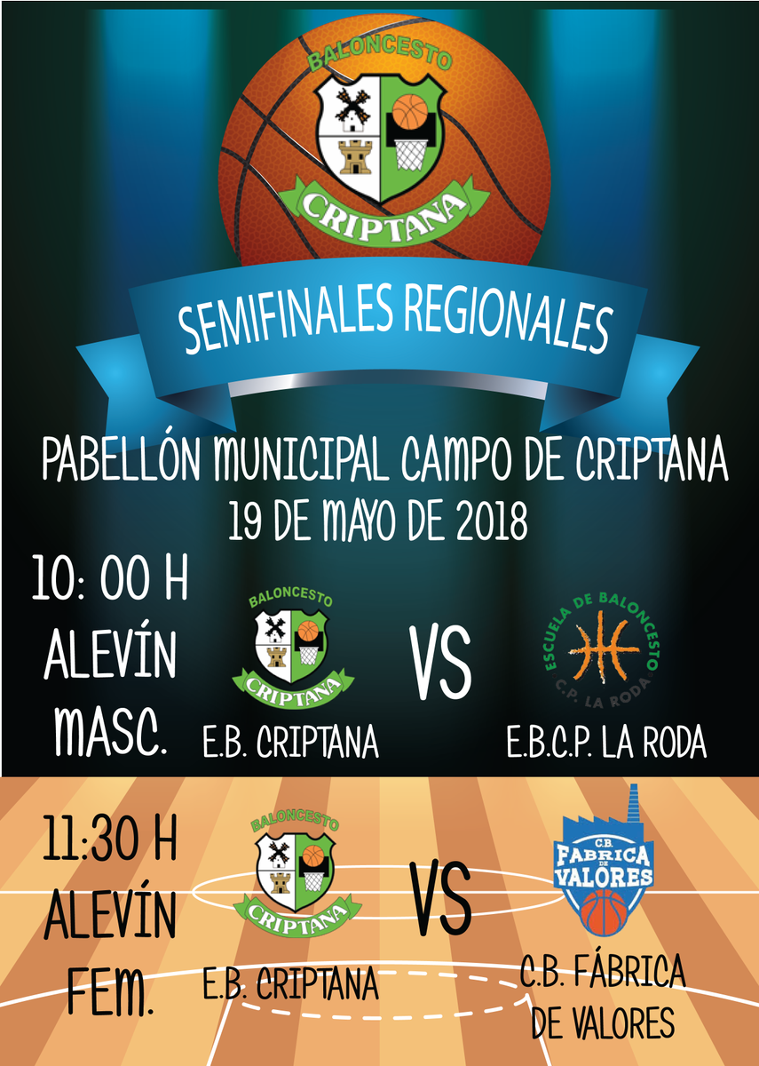 BCriptana's tweet photo. Nuestros equipos alevines juegan este sábado 19 de mayo las semifinales regionales
Alevín Masc. 10 h. @CBCriptana Vs @basketcplaroda
Alevín Fem. 11 h. @CBCriptana VS @fabricavalores
¡OS ESPERAMOS!
#mareaverde #cbcriptana #cbc #baloncesto #campodecriptana https://t.co/s3LH8d9juI