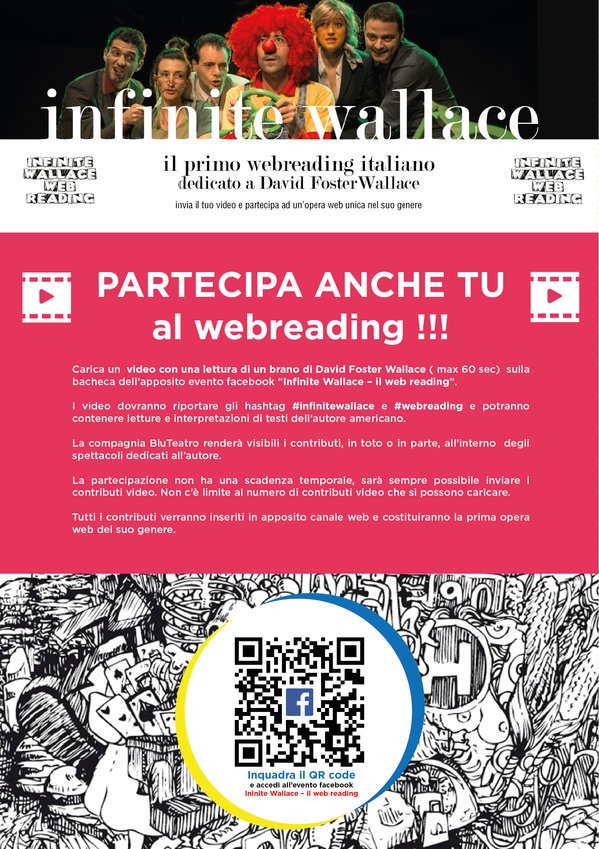 TeatroUdine's tweet image. @bluteatro vi aspetta il 18 Maggio alle ore 20:45 con #Funhousechapter1!
Ricordiamo l&apos;iniziativa #Infinitewallace, il primo #webreading in italiano dedicato a #DavidFosterWallace. Per partecipare scannerizza il codice QR