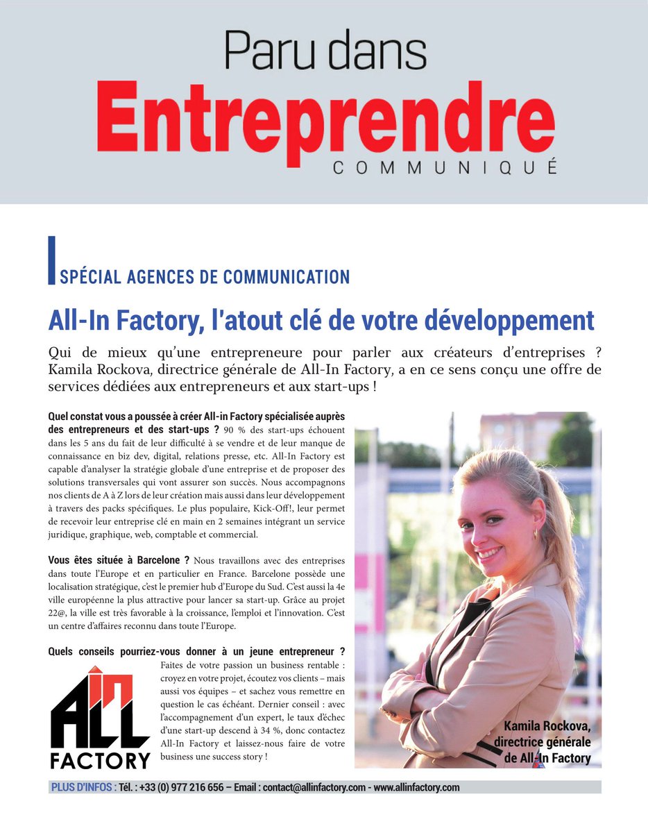 allin_factory's tweet photo. All-In Factory featured in the monthly Magazine ENTREPRENDRE for businessmen. 
Check out the article: find out why 90% of stratups fail after 5 years, why you should set up your business in Barcelona and get some tips on launching your own business! https://t.co/9u9A9ZYYW0