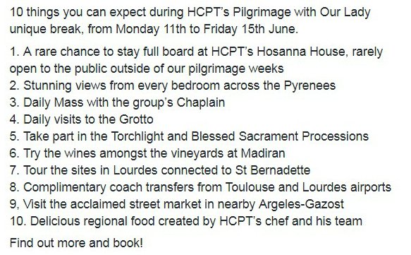 HCPT's tweet photo. 10 reasons to join us for our Pilgrimage with Our Lady unique break in Lourdes from Monday 11 to Friday 15 June. Find out more and book at https://t.co/dOc7ENReYg https://t.co/dWTG4tSnGr