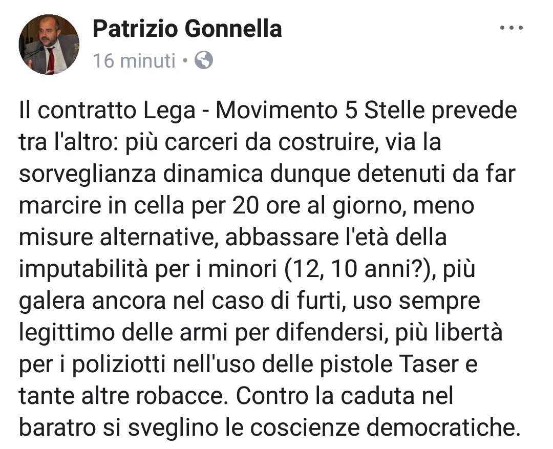 PatGonnella's tweet photo. Il contratto #Lega-#M5S sulla giustizia è una caduta nel baratro contro la quale si devono svegliare le coscienze democratiche https://t.co/cNi2ysIKCt