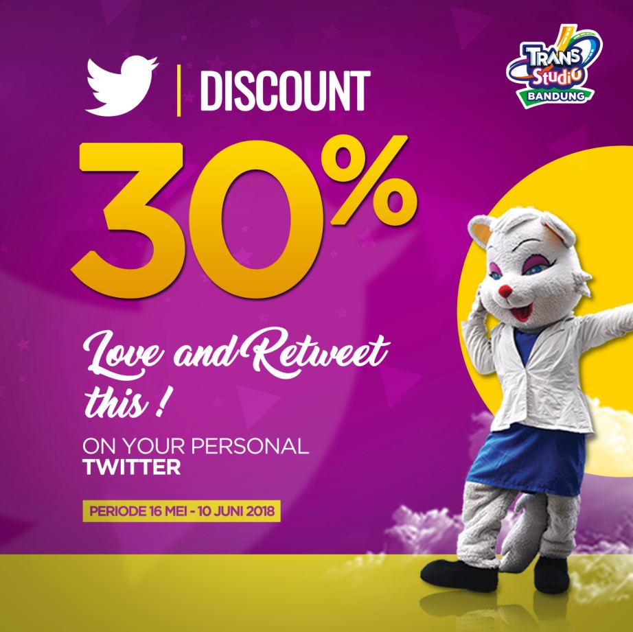 transstudio_id's tweet photo. Dapatkan diskon 30% untuk HTM Trans Studio Bandung dengan love &amp; retweet tweet ini di profilemu! Tunjukkan hasil retweet ini di loket tiket &amp; dapatkan langsung diskonnya! 1 akun untuk 1 tiket ya friends :) Periode promo 16 Mei - 10 Juni 2018! Let's go! https://t.co/3X8nR0j7dH