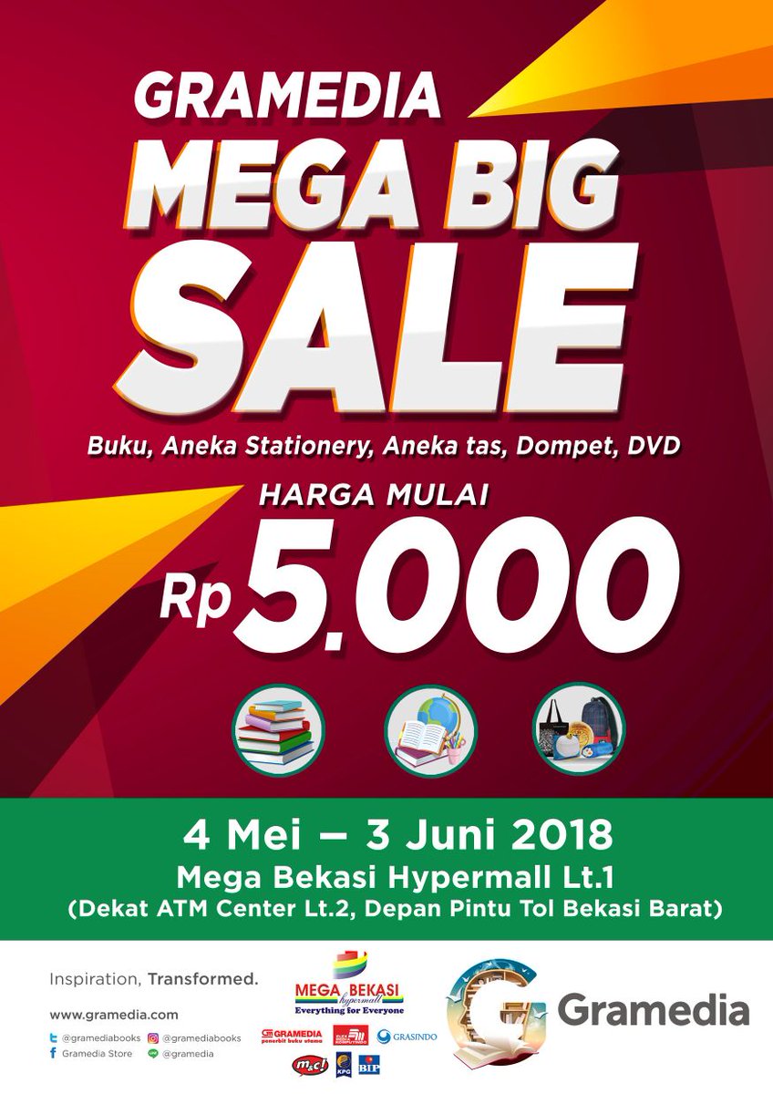 Hai Grameds Info penting nih Gramedia Mega Big Sale hadir lagi di Mega Bekasi Hypermall Lt. 2 Banyak banget buku berkualitas dgn harga mulai dari Rp 5.000. 
Tanggal: 4 Mei -3 Juni 2018 
Tmpt: ex kantor manajemen (ATM center lt.2)
Pkl : 10.00- 22.00 WIB
Info: @gramediamegabekasi
