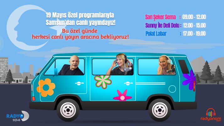 Radyonomcom's tweet photo. 💙 Cumartesi günü de #Samsun’dayız! 🚐💨
🎙 Özel yayınlarımıza sen de davetlisin! 🙌
🙋#SarıŞekerSema 🙋���#SunnyİleDeliDolu 🙋🏻‍♂️#PolatLabar 
@polatlabar @RADYOD_SUNNY @sarisekersema #19Mayıs https://t.co/rqamDdS8uo