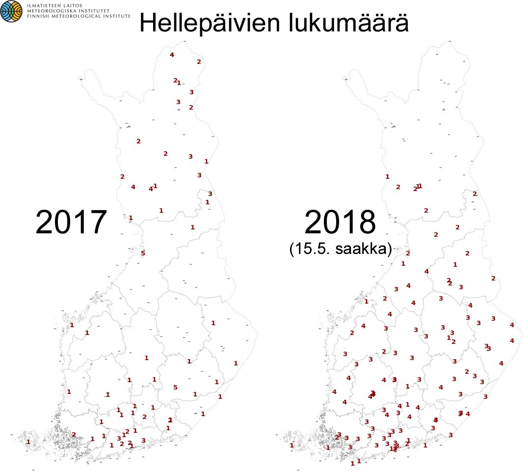 meteorologit's tweet photo. Hellepäiväkartat tältä ja viime kesältä näyttävät jo melko erilaisilta. #helle https://t.co/1H1uq6zsSe